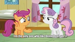 Size: 960x539 | Tagged: safe, edit, edited screencap, screencap, scootaloo, sweetie belle, pegasus, pony, unicorn, bloom & gloom, g4, caption, demo reel, doug walker, engrish, female, filly, foal, horn, image macro, impact font, roflbot, scootaloo is wrong about everything, text