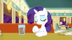 Size: 960x538 | Tagged: safe, edit, edited screencap, screencap, rarity, pony, unicorn, g4, the saddle row review, animated, chocolate, chocolate milk, del griffith, discovery family logo, everything is ruined, female, gif, image macro, male, mare, meme, milk, neal page, neighl page, planes trains and automobiles, pure unfiltered evil, spilled milk, stallion