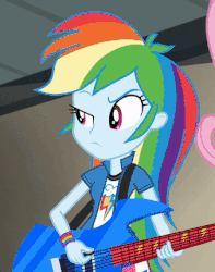 Size: 339x430 | Tagged: safe, screencap, fluttershy, rainbow dash, equestria girls, g4, my little pony equestria girls: rainbow rocks, angry, animated, cropped, female, guitar, playing, playing guitar, solo, unamused