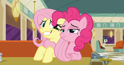 Size: 1918x1011 | Tagged: safe, edit, edited screencap, screencap, fluttershy, lucky breaks, pinkie pie, g4, the saddle row review, discovery family logo, female, i am an adult, lesbian, ship:flutterpie, shipping, stranger danger