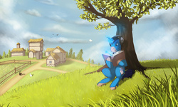 Size: 1280x770 | Tagged: safe, artist:mechagen, oc, oc only, cat, rabbit, book, headphones, tree