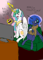 Size: 1024x1434 | Tagged: safe, artist:delirious-artist, princess celestia, princess luna, alicorn, pony, gamer luna, two best sisters play, g4, black forest cake, cake, cakelestia, clothes, controller, couch, food, headset, hoodie, matt (tbfp), muna, pat (tbfp), patlestia, portal, portal (valve), royal sisters, television, the cake is a lie, two best friends play