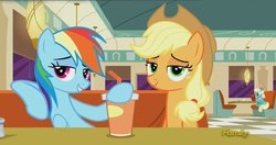 Size: 1920x1012 | Tagged: safe, screencap, applejack, honey curls, mare e. lynn, rainbow dash, g4, my little pony: friendship is magic, the saddle row review, discovery family logo, lidded eyes