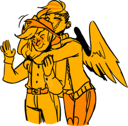 Size: 900x886 | Tagged: safe, artist:stevetwisp, applejack, rainbow dash, human, g4, female, hug from behind, humanized, lesbian, ship:appledash, shipping, winged humanization