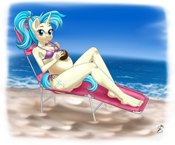 Size: 2452x2041 | Tagged: safe, artist:pia-sama, allie way, anthro, plantigrade anthro, g4, barefoot, beach, belly, big belly, bikini, blushing, clothes, coconut, coconut cup, drink, drinking, feet, food, high res, looking at you, ocean, pregnant, sitting, solo, swimsuit