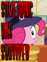 Size: 448x592 | Tagged: safe, edit, edited screencap, screencap, pinkie pie, the clone that got away, g4, the saddle row review, too many pinkie pies, breaking the fourth wall, callback, female, hat, image macro, jurassic park, meme, oh crap, pinkie clone, solo, the lost world