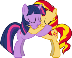 Size: 5069x4067 | Tagged: safe, artist:ramseybrony17, sunset shimmer, twilight sparkle, alicorn, pony, unicorn, g4, absurd resolution, female, hug, lesbian, mare, ship:sunsetsparkle, shipping, simple background, transparent background, twilight sparkle (alicorn), vector, wingless