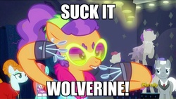 Size: 1920x1080 | Tagged: safe, edit, edited screencap, screencap, joan pommelway, plaid stripes, roger silvermane, sterling silver, strawberry ice, earth pony, pony, g4, the saddle row review, background pony, deadpool, discovery family logo, female, filly, image macro, joan holloway, male, mare, meme, roger sterling, spoon, stallion
