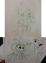 Size: 1280x1750 | Tagged: safe, artist:tjpones, princess ember, oc, oc:boo, dragon, ghost, ghost pony, g4, black and white, grayscale, lineart, monochrome, sketch, traditional art