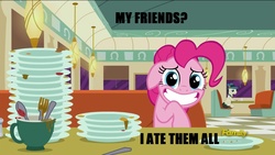 Size: 1920x1080 | Tagged: safe, edit, edited screencap, screencap, lucky breaks, pinkie pie, g4, the saddle row review, dialogue, discovery family logo, female, funny, image macro, implied cannibalism, meme, solo