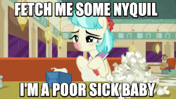 Size: 500x281 | Tagged: safe, edit, edited screencap, screencap, coco pommel, g4, the saddle row review, animated, bronybait, caption, cocobetes, cute, dishevelled, female, image macro, male, meme, messy mane, nose blowing, nyquil, red nosed, sad, sick, tissue, tissue box