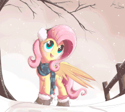 Size: 1600x1429 | Tagged: safe, artist:bugplayer, fluttershy, alicorn, pony, g4, animated, boots, bugplayer is trying to murder us, clothes, cute, earmuffs, female, fence, gif, mare, scarf, shyabetes, snow, snowfall, solo, sweet dreams fuel, tree