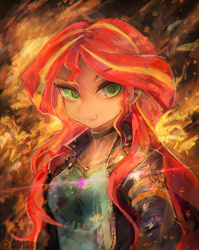 Size: 1355x1700 | Tagged: safe, artist:girlsay, sunset shimmer, equestria girls, g4, chromatic aberration, female, fiery shimmer, fire, patreon, patreon logo, smirk, solo