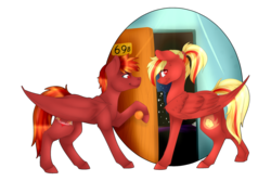 Size: 1024x683 | Tagged: safe, artist:doodle-28, oc, oc only, oc:blaze emberbreath, oc:firelight, bat pony, pegasus, pony, brother and sister, door