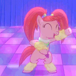 Size: 427x424 | Tagged: safe, screencap, pacific glow, earth pony, pony, the saddle row review, animated, bipedal, cropped, cute, dancing, female, glowbetes, mare, pacifier, pigtails, rave, solo