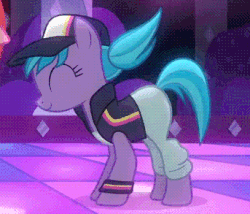 Size: 343x293 | Tagged: safe, screencap, azure velour, pacific glow, earth pony, pony, the saddle row review, animated, blue hair, butt shake, clothes, dancing, female, hat, mare, twerking