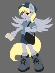 Size: 1368x1800 | Tagged: safe, artist:zeiram0034, derpy hooves, anthro, plantigrade anthro, g4, clothes, female, letter, mailbag, mailmare, solo, spread wings, uniform