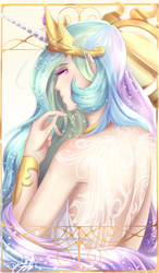 Size: 788x1348 | Tagged: safe, artist:freexee, princess celestia, human, g4, clothes, dress, female, horn, horned humanization, humanized, rear view, solo