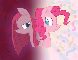 Size: 1280x985 | Tagged: safe, artist:flourret, pinkie pie, earth pony, pony, g4, abstract background, bust, confetti, duality, ear fluff, female, frown, happy, looking at each other, mare, neck fluff, pinkamena diane pie, portrait, signature, smiling