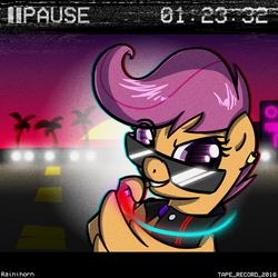 Size: 1600x1600 | Tagged: dead source, safe, artist:rainihorn, scootaloo, pony, g4, aesthetics, bust, cigarette, collar, compact cassette, dusk, ear piercing, error, female, glitch, hotline miami, looking at you, neon, palm tree, pause, piercing, scan lines, smoking, solo, static, sunglasses, timestamp, vhs