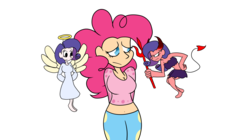 Size: 5000x2791 | Tagged: source needed, useless source url, safe, artist:shadowring123, pinkie pie, rarity, human, g4, the saddle row review, angel rarity, belly button, breasts, cleavage, clothes, devil rarity, dress, female, high res, humanized, midriff, scene interpretation, shoulder angel, shoulder devil, solo