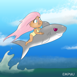 Size: 1000x1000 | Tagged: safe, artist:empyu, fluttershy, human, shark, g4, 30 minute art challenge, clothes, female, humanized, humans riding sharks, one-piece swimsuit, red eyes, riding, solo, swimsuit