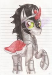 Size: 1241x1762 | Tagged: dead source, safe, artist:ultrard, king sombra, pony, unicorn, g4, grin, lined paper, male, raised hoof, solo, traditional art