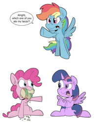 Size: 2554x3327 | Tagged: dead source, safe, artist:jittery-the-dragon, pinkie pie, rainbow dash, twilight sparkle, alicorn, pony, g4, blatant lies, comic, female, food, high res, mare, simple background, taco, transparent background, twilight sparkle (alicorn)