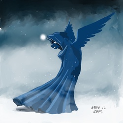 Size: 2000x2000 | Tagged: safe, artist:baron engel, princess luna, spirit of hearth's warming yet to come, a hearth's warming tail, g4, cloak, clothes, female, glowing eyes, high res, magic, snow, snowfall, solo, spread wings