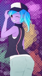 Size: 663x1205 | Tagged: safe, artist:chiweee, azure velour, equestria girls, g4, the saddle row review, ass, butt, female, grin, hat, looking back, side ponytail, solo, wink