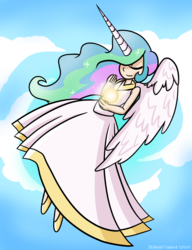 Size: 1000x1300 | Tagged: safe, artist:hybrid-control, princess celestia, human, g4, clothes, dress, female, flying, horn, horned humanization, humanized, magic, solo, winged humanization