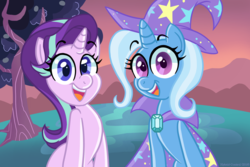 Size: 1500x1000 | Tagged: safe, artist:hybrid-control, starlight glimmer, trixie, pony, unicorn, g4, no second prances, cute, diatrixes, duo, female, glimmerbetes, looking at you, mare, open mouth, smiling