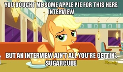 Size: 795x469 | Tagged: safe, edit, edited screencap, screencap, applejack, honey curls, mare e. lynn, pony, g4, the saddle row review, bedroom eyes, discovery family logo, female, food, image macro, mare, meme, pie