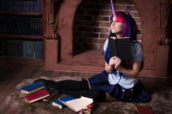 Size: 3000x1997 | Tagged: safe, artist:fox-tsai-sheng, twilight sparkle, human, g4, adorkable, book, clothes, cosplay, costume, cute, dork, equestria girls outfit, irl, irl human, photo, pleated skirt, shirt, shoes, skirt, socks, solo, thigh highs, zettai ryouiki