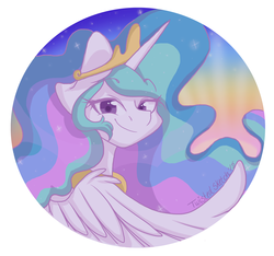 Size: 1280x1198 | Tagged: safe, artist:twisted-sketch, princess celestia, g4, button, female, smiling, smirk, solo, sun