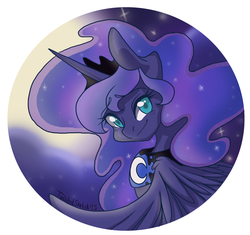 Size: 1280x1205 | Tagged: dead source, safe, artist:twisted-sketch, princess luna, g4, button, female, moon, smiling, smirk, solo