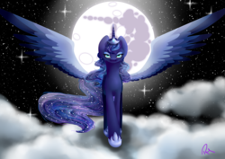 Size: 3496x2480 | Tagged: safe, artist:moon-wing, princess luna, g4, cloud, female, high res, mare in the moon, moon, solo, spread wings, stars