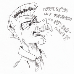 Size: 887x888 | Tagged: safe, artist:saturdaymorningproj, buried lede, earth pony, pony, g4, the saddle row review, bust, dialogue, grayscale, j. jonah jameson, male, monochrome, open mouth, simple background, solo, spider-man, stallion, traditional art, white background
