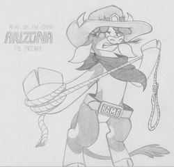 Size: 1185x1138 | Tagged: dead source, safe, artist:lockerobster, arizona (tfh), cow, them's fightin' herds, bandana, cloven hooves, community related, cowboy hat, crossover, female, grayscale, hat, jesse mccree, lasso, monochrome, overwatch, play of the game, rope, simple background, solo, white background