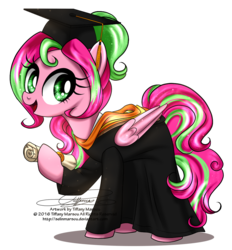 Size: 1000x1079 | Tagged: dead source, safe, artist:tiffanymarsou, oc, oc only, oc:precious metal, clothes, diploma, female, graduation, graduation cap, hat, mare, simple background, solo, transparent background