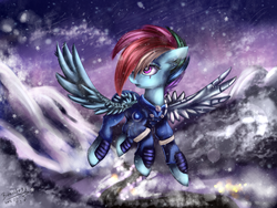 Size: 2000x1500 | Tagged: safe, artist:bizonekx33, rainbow dash, g4, alternate timeline, apocalypse dash, blizzard, crystal war timeline, female, flying, snow, snowfall, solo, torn ear