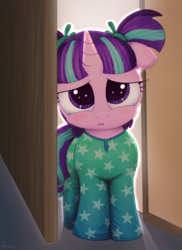 Size: 1008x1387 | Tagged: safe, artist:an-tonio, artist:transgressors-reworks, color edit, edit, starlight glimmer, pony, unicorn, g4, clothes, colored, cute, female, filly, filly starlight glimmer, footed sleeper, glimmerbetes, moe, pajamas, pigtails, sad, solo, traditional art, younger
