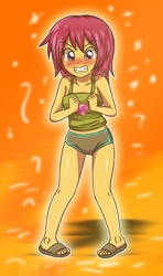 Size: 1024x1727 | Tagged: safe, artist:sumin6301, scootaloo, equestria girls, g4, alternate hairstyle, angry, bike shorts, blushing, breasts, busty scootaloo, camisole, camisole tubetop, clothes, cutie mark, feet, female, midriff, sandals, scootaloo is not amused, solo, tank top, the cmc's cutie marks