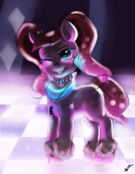 Size: 3111x4000 | Tagged: safe, artist:mrscurlystyles, pacific glow, earth pony, pony, the saddle row review, absurd resolution, female, grin, jewelry, lidded eyes, looking at you, mare, necklace, one eye closed, pigtails, smiling, solo, wink