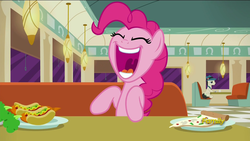 Size: 1920x1080 | Tagged: safe, screencap, lucky breaks, pinkie pie, pony, g4, the saddle row review, background pony, carrot, carrot dog, discovery family logo, female, food, mawshot, open mouth, pizza, solo, uvula, yelling