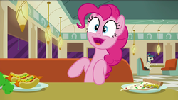 Size: 1920x1080 | Tagged: safe, screencap, lucky breaks, pinkie pie, pony, g4, the saddle row review, :3, background pony, carrot, carrot dog, discovery family logo, female, food, open mouth, pizza, solo, uvula