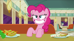 Size: 1920x1080 | Tagged: safe, screencap, lucky breaks, pinkie pie, g4, the saddle row review, carrot, carrot dog, discovery family logo, female, food, grin, pizza, solo