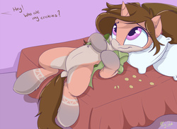 Size: 900x658 | Tagged: dead source, safe, artist:mistydash, oc, oc only, oc:grace fairweather, pony, unicorn, bed, belly, chest fluff, clothes, cookie, cookie thief, crumbs, cute, dock, featureless crotch, female, food, freckles, looking up, mare, on back, shirt, smiling, solo