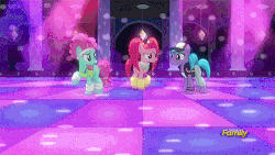 Size: 500x281 | Tagged: safe, edit, edited screencap, screencap, azure velour, flashdancer, pacific glow, pinkie pie, earth pony, pony, g4, the saddle row review, animated, bipedal, clothes, club pony party palace, discovery family logo, female, mare, reversed, sheepish grin