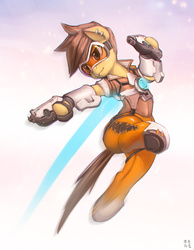 Size: 2021x2605 | Tagged: safe, artist:mrs1989, pony, clothes, crossover, gun, high res, overwatch, ponified, solo, tracer, weapon